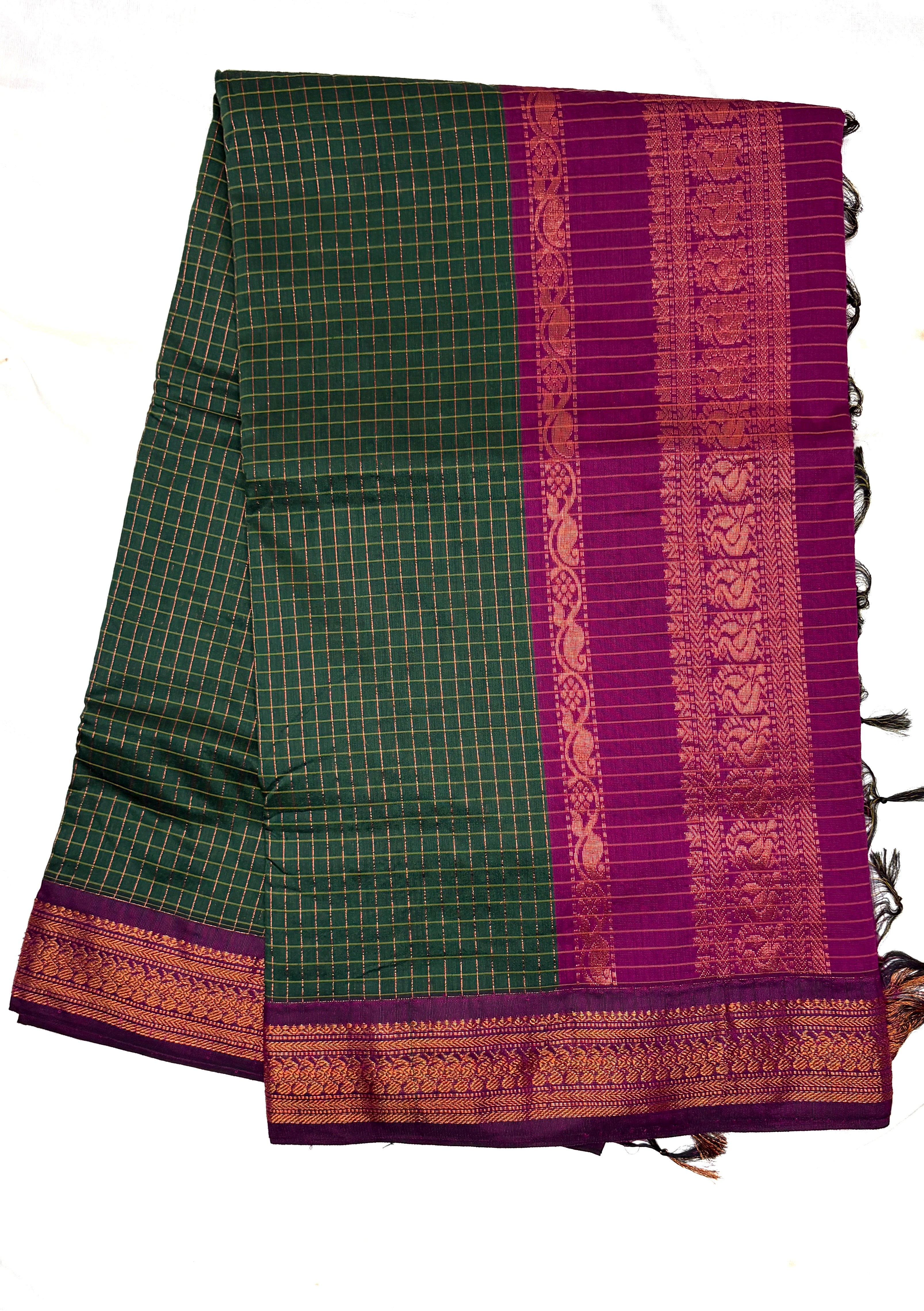 Dark green checked Kalyani cotton saree with magenta peacock zari border traditional South Indian cotton saree for daily wear