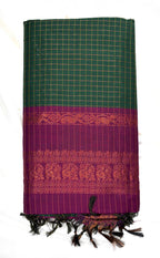 Green and purple patterned fabric with fringes on a white background