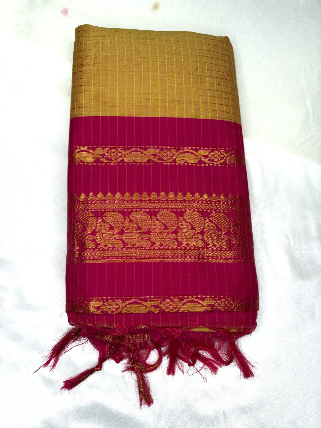 Kalayani cotton - mustard yellow with pink border