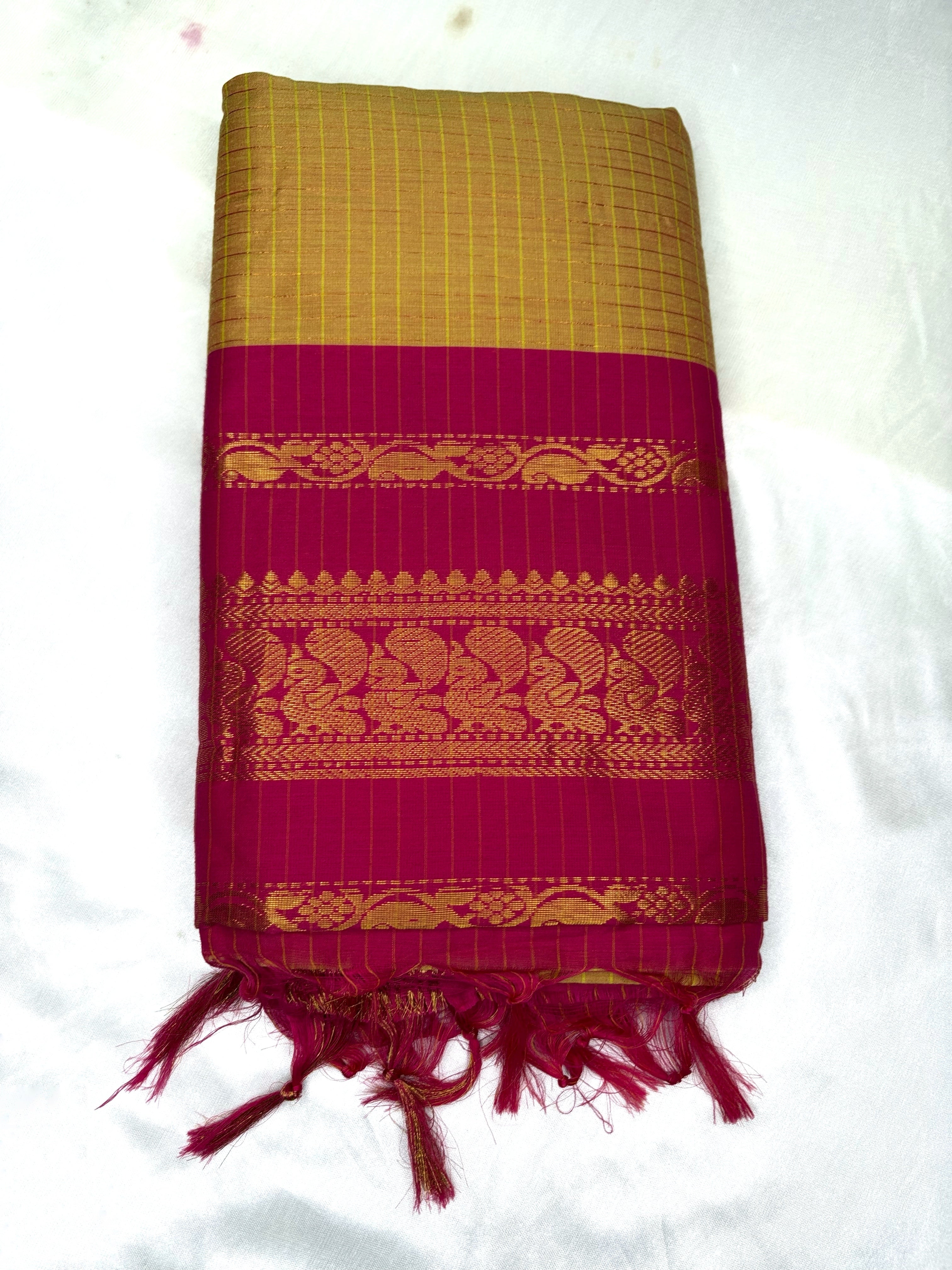 Kalayani cotton - mustard yellow with pink border
