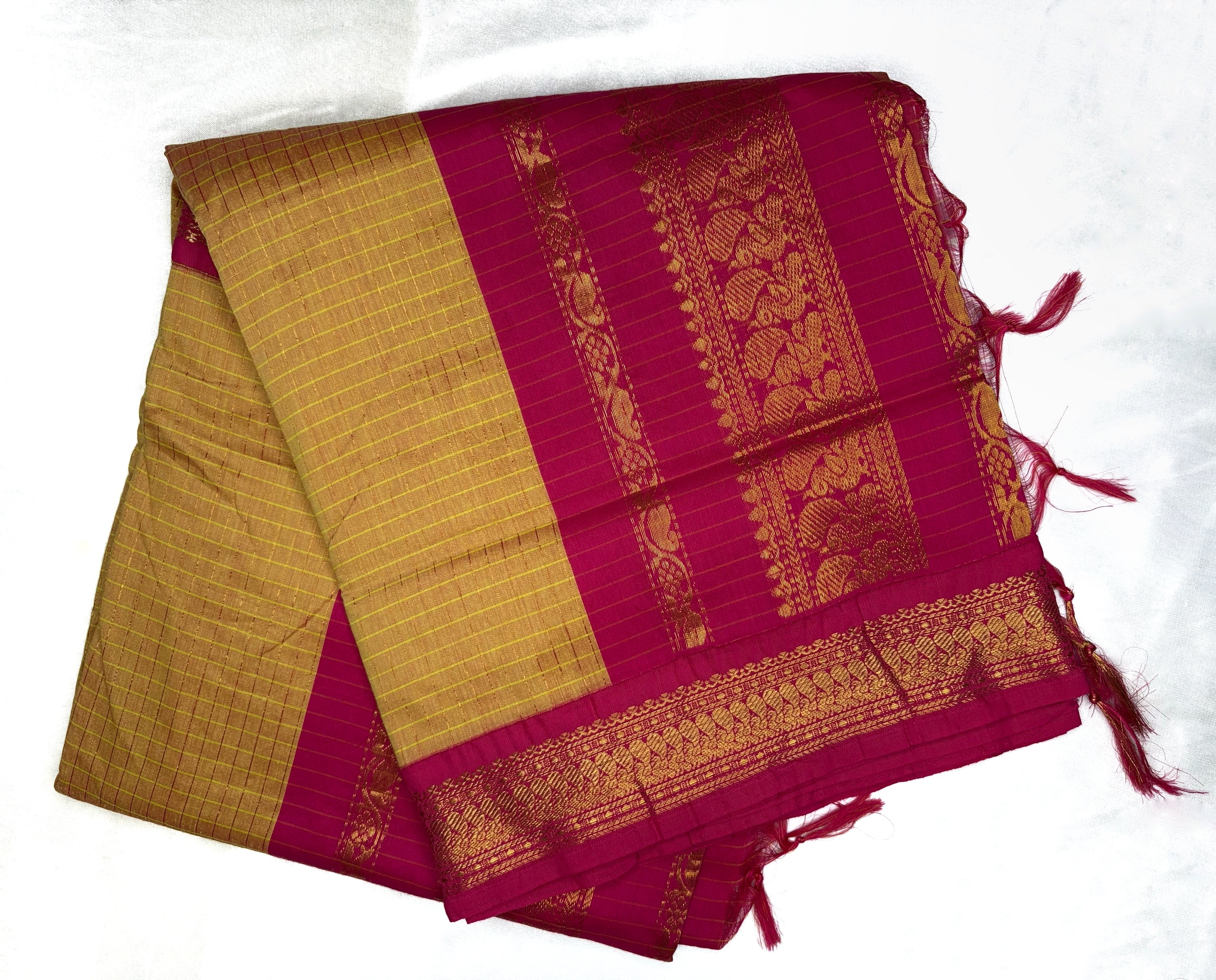 Kalayani cotton - mustard yellow with pink border