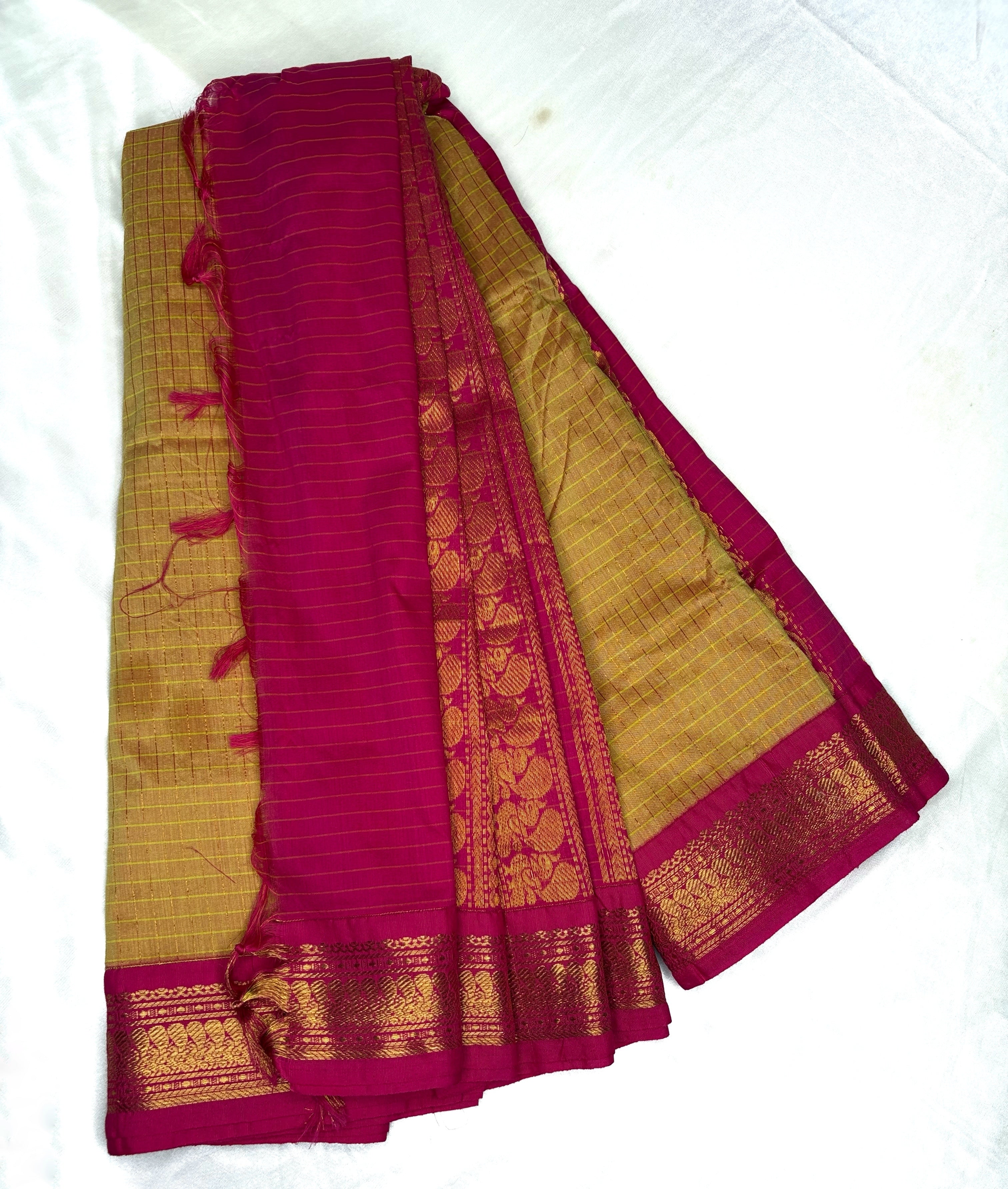 Kalayani cotton - mustard yellow with pink border