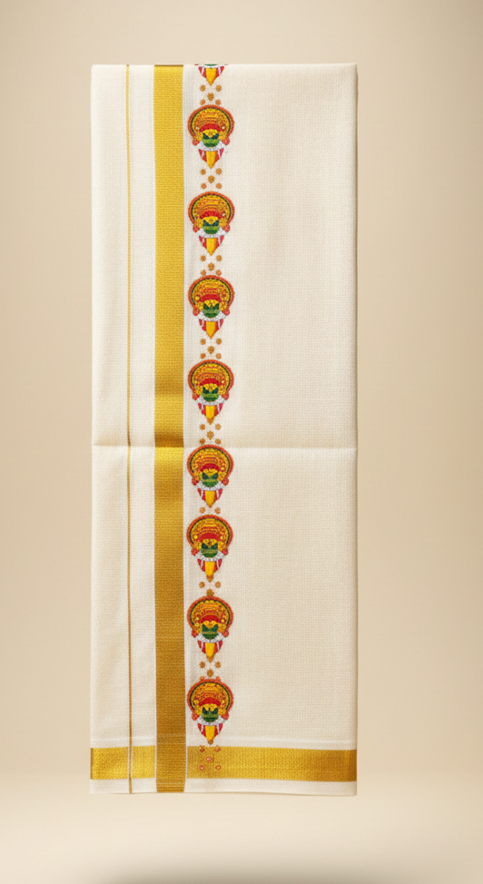 Kerala Kasavu Dhoti with Kathakali Face Design