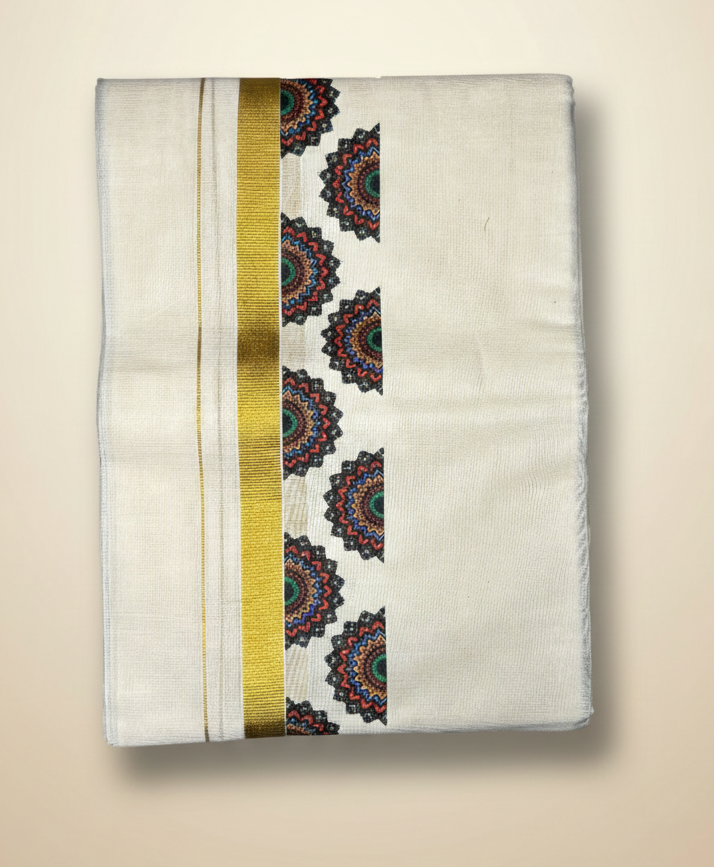 Kerala Kasavu Dhoti with Theyyam Chakra Design