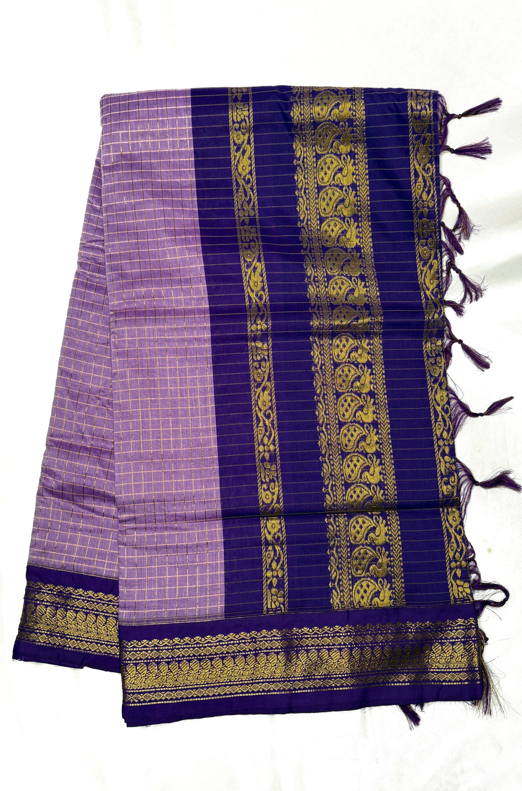 Lavender checked Kalyani cotton saree with violet zari border traditional South Indian cotton saree for daily wear and office wear