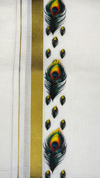 Kerala Kasavu Dhoti with Peacock Feather Design