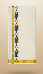 Kerala Kasavu Dhoti with Peacock Feather Design