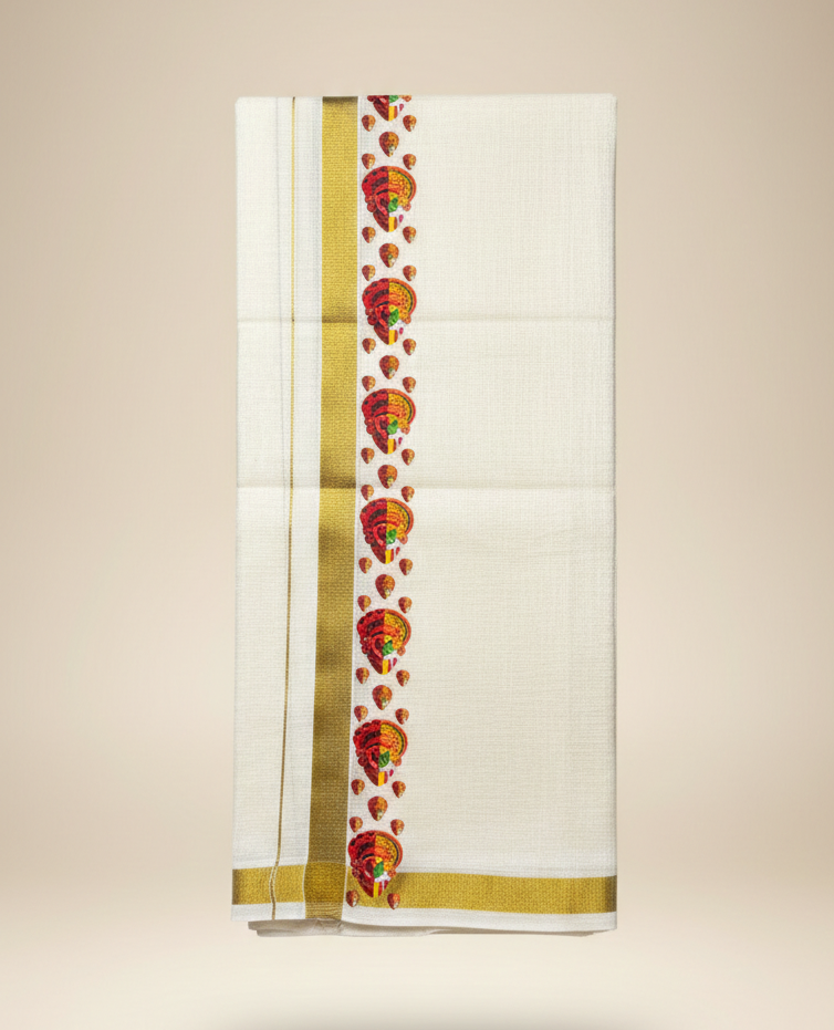 Kerala Kasavu Dhoti with Traditional Theyyam Design