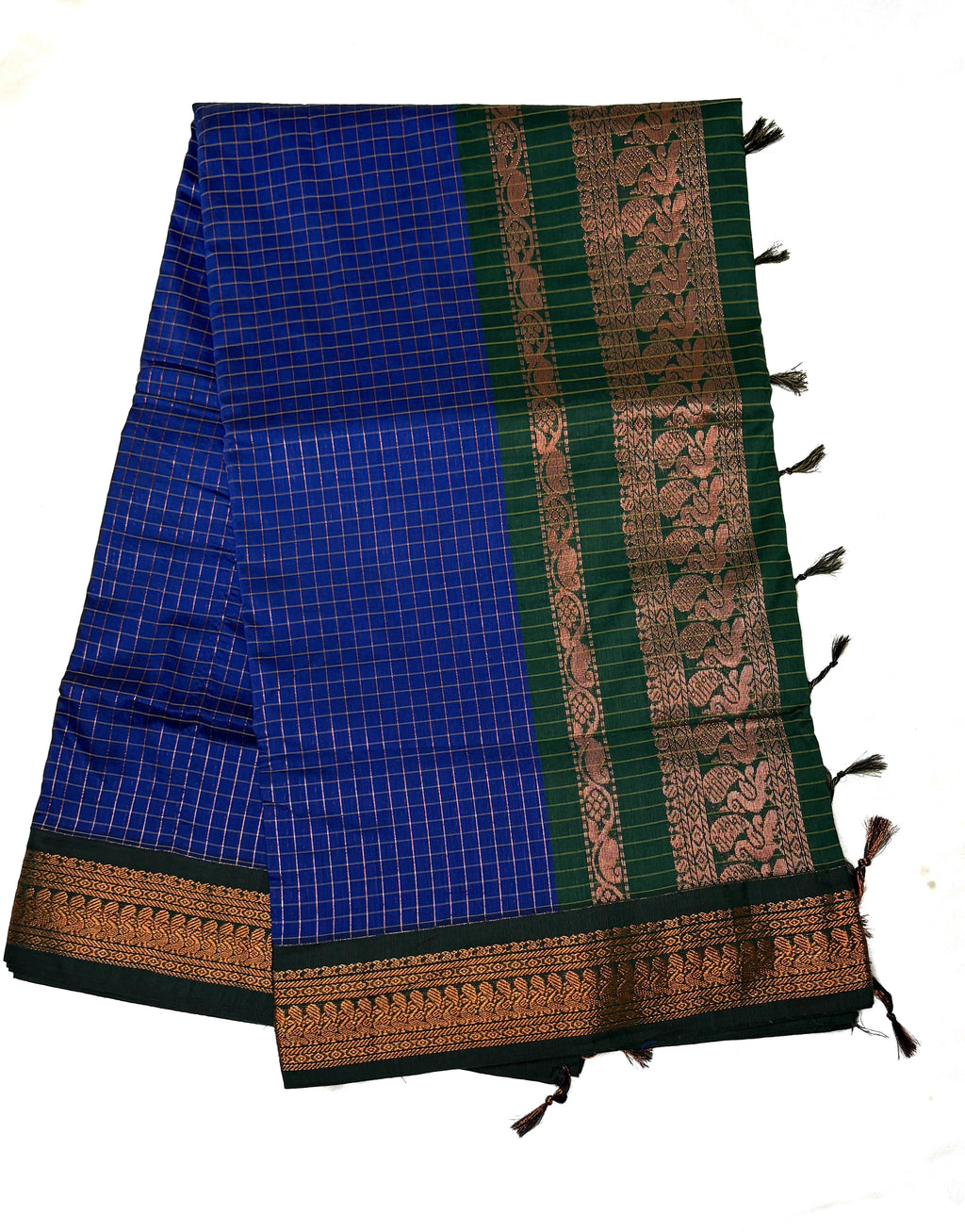Royal Blue Checked Kalyani Cotton Saree with Green Peacock Zari Border