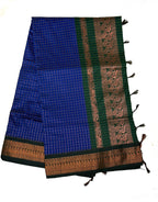 Royal Blue Checked Kalyani Cotton Saree with Green Peacock Zari Border