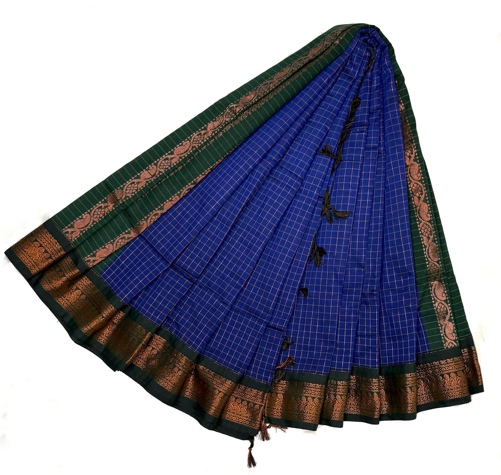 Royal Blue Checked Kalyani Cotton Saree with Green Peacock Zari Border