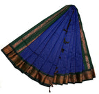 Royal Blue Checked Kalyani Cotton Saree with Green Peacock Zari Border