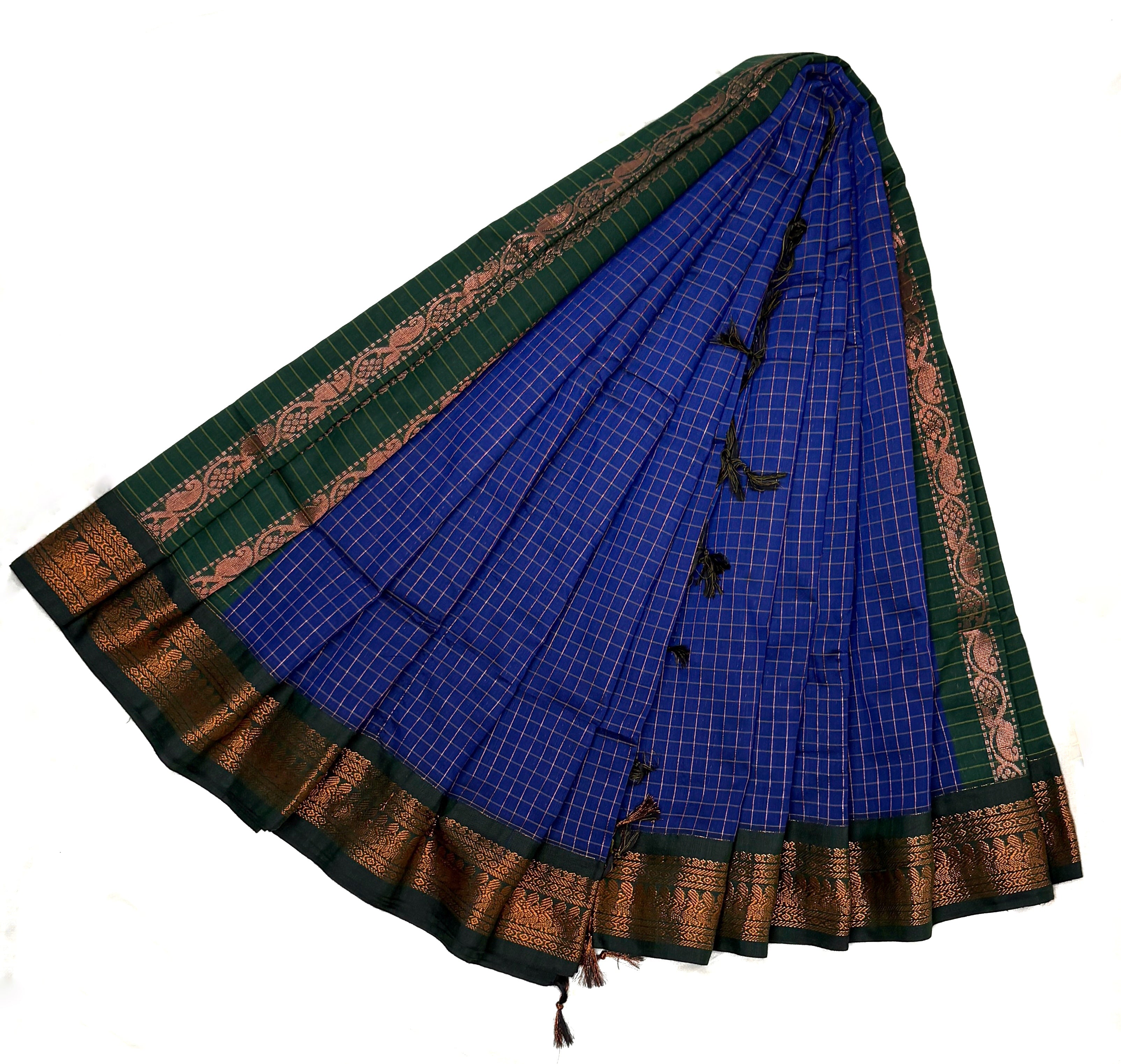 Royal Blue Checked Kalyani Cotton Saree with Green Peacock Zari Border