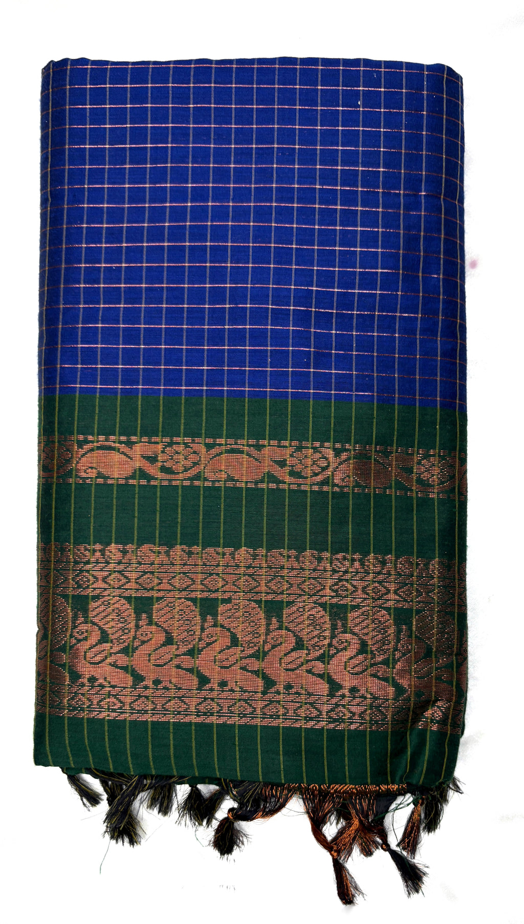 Royal Blue Checked Kalyani Cotton Saree with Green Peacock Zari Border