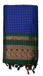 Royal Blue Checked Kalyani Cotton Saree with Green Peacock Zari Border