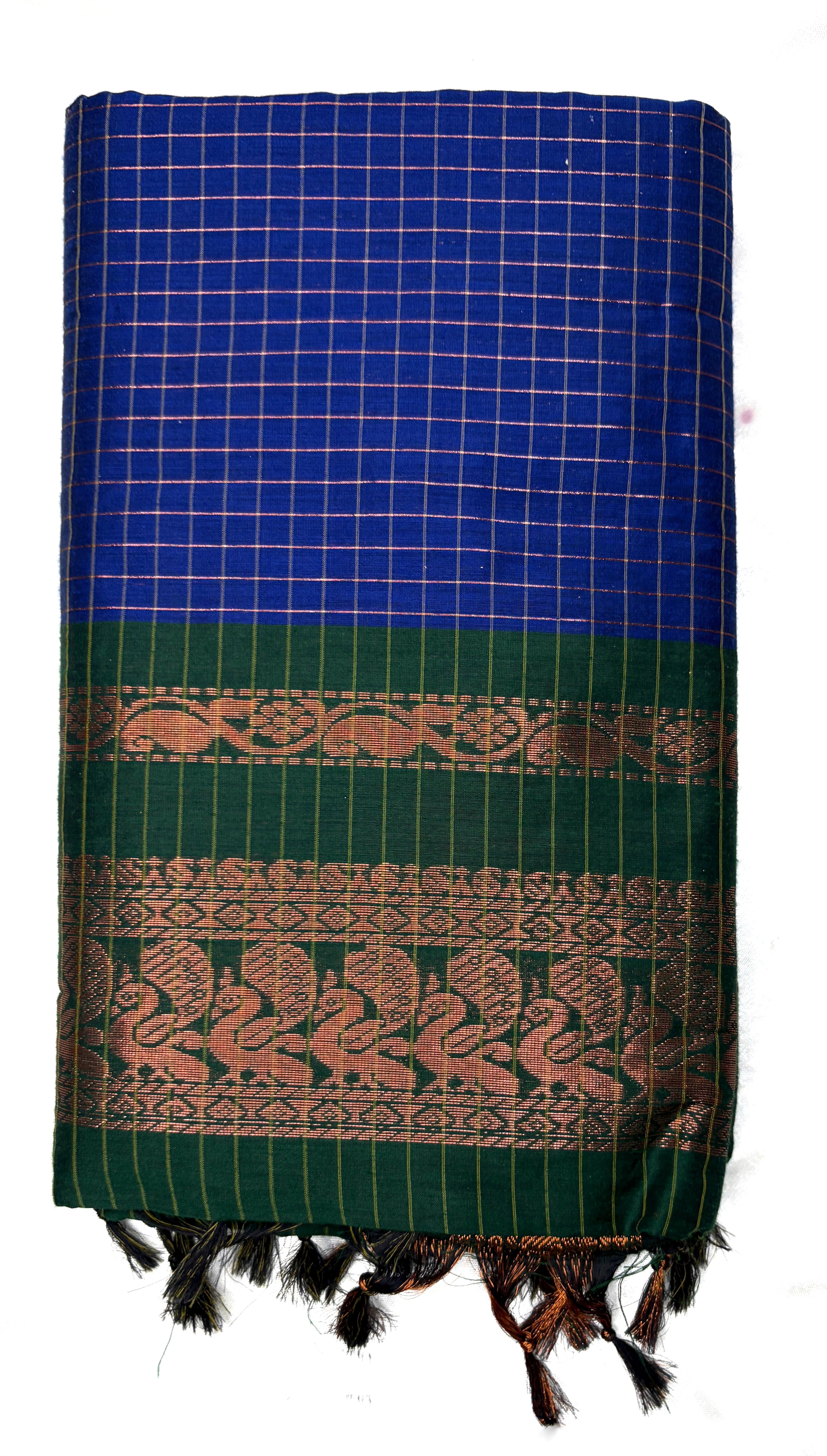 Royal Blue Checked Kalyani Cotton Saree with Green Peacock Zari Border