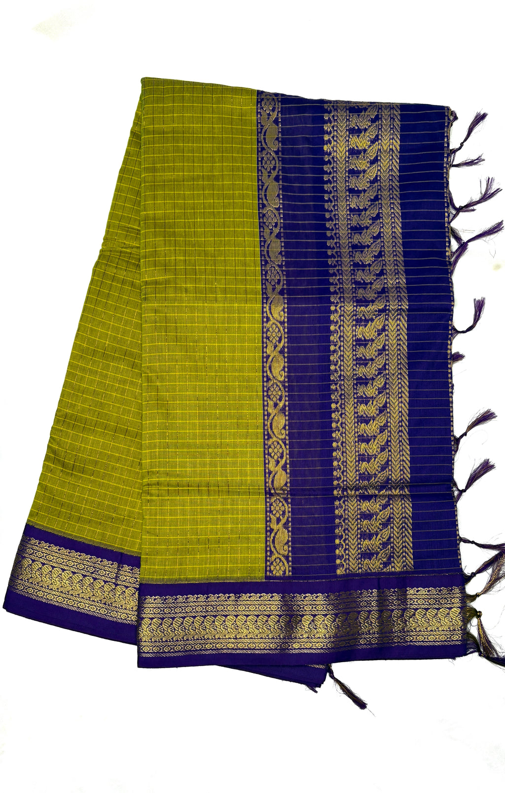 Olive green checked Kalyani cotton saree with royal blue peacock zari border traditional South Indian cotton saree for daily wear