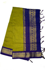 Olive green checked Kalyani cotton saree with royal blue peacock zari border traditional South Indian cotton saree for daily wear