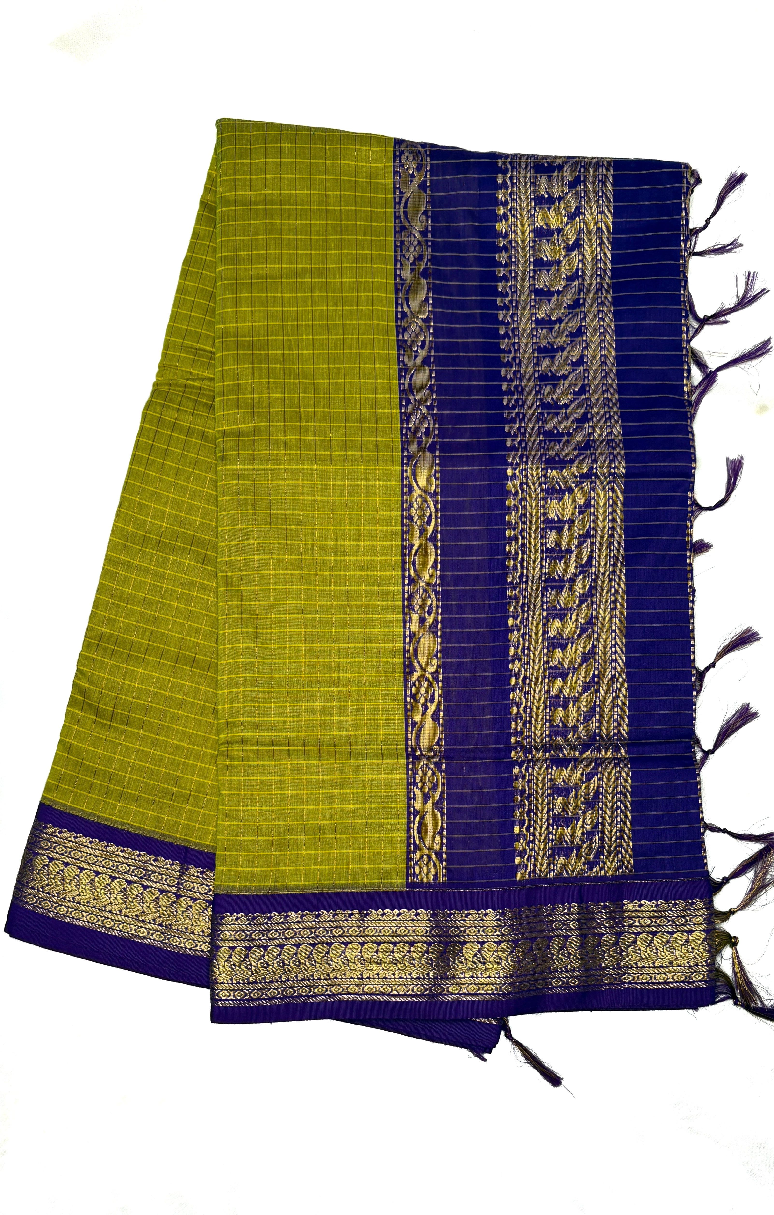 Olive green checked Kalyani cotton saree with royal blue peacock zari border traditional South Indian cotton saree for daily wear