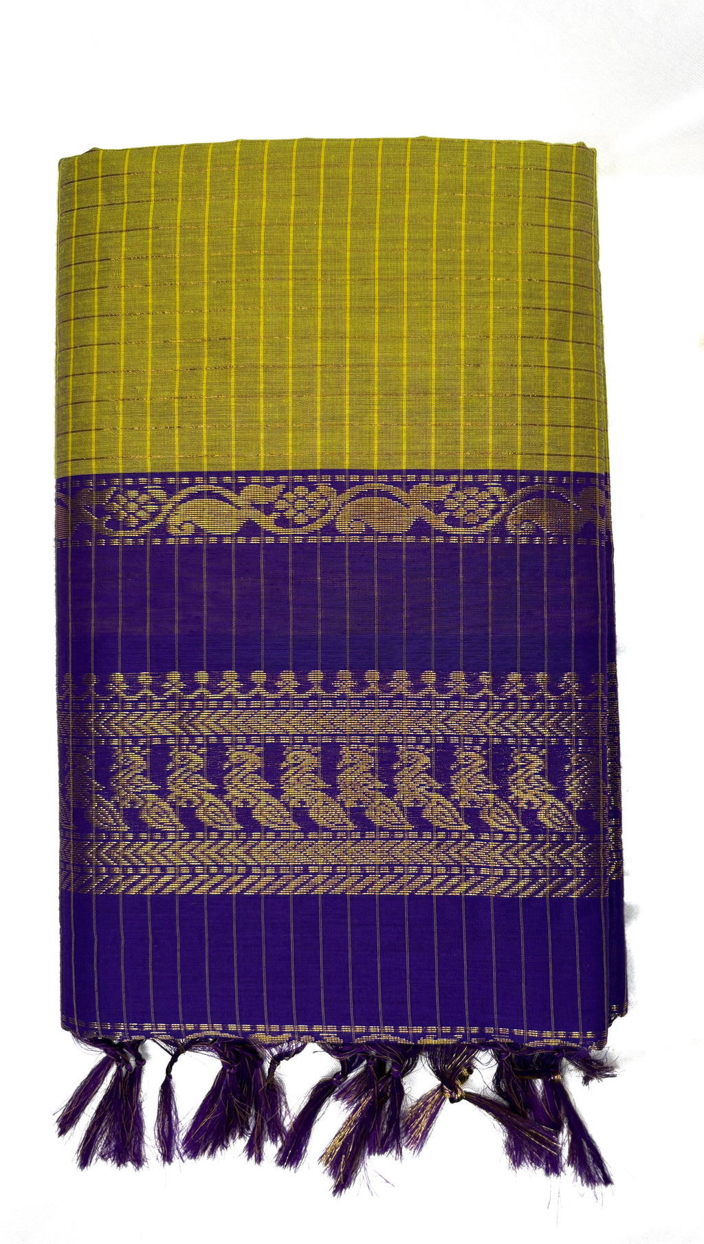 Purple and green woven fabric with decorative patterns on a white background