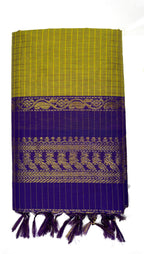 Purple and green woven fabric with decorative patterns on a white background
