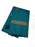 Teal fabric with gold stripes on a white background