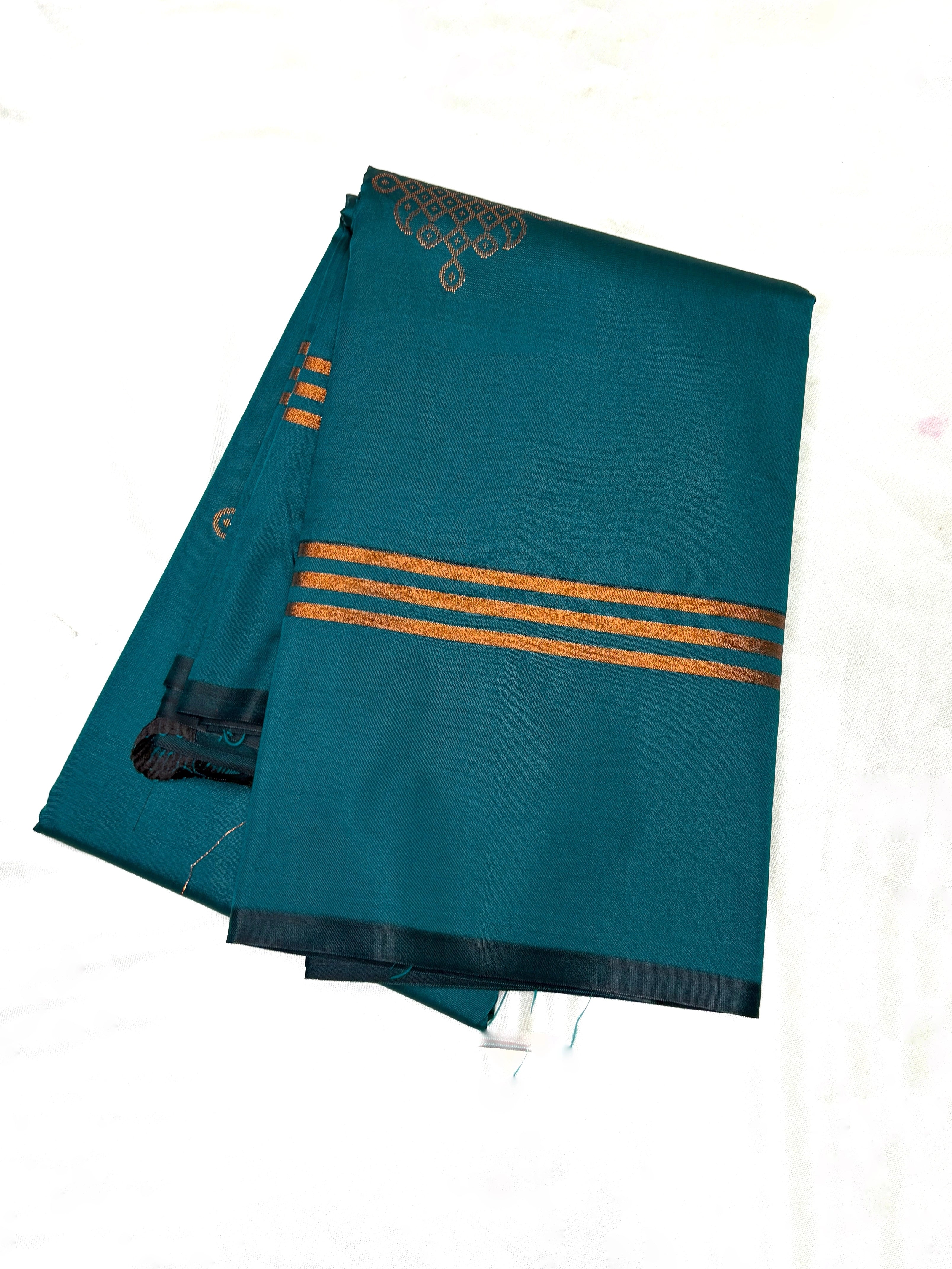 Teal fabric with gold stripes on a white background