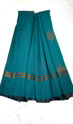 Teal saree with gold embroidery on a white background
