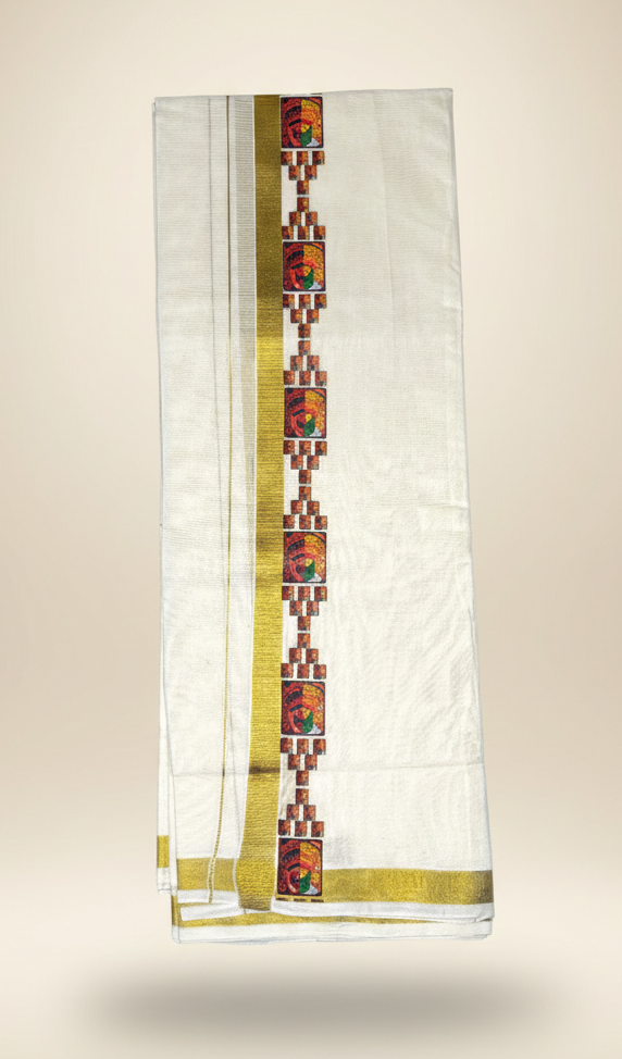 Kerala Kasavu Dhoti with Kathakali Mural Design