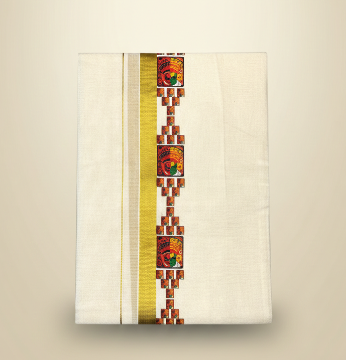 Kerala Kasavu Dhoti with Kathakali Mural Design