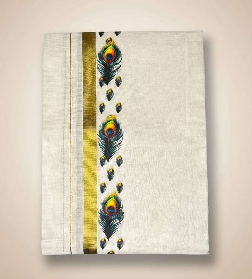 Kerala Kasavu Dhoti with Peacock Feather Design