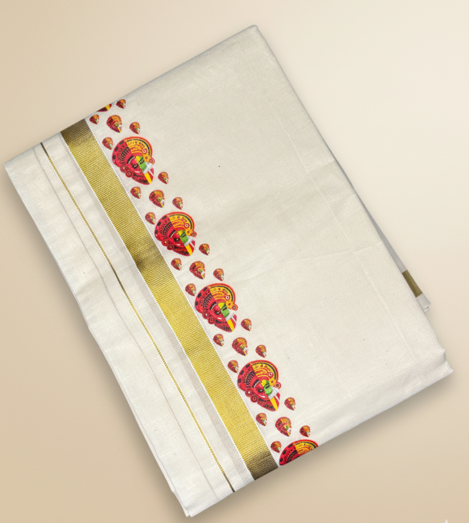 Kerala Kasavu Dhoti with Traditional Theyyam Design