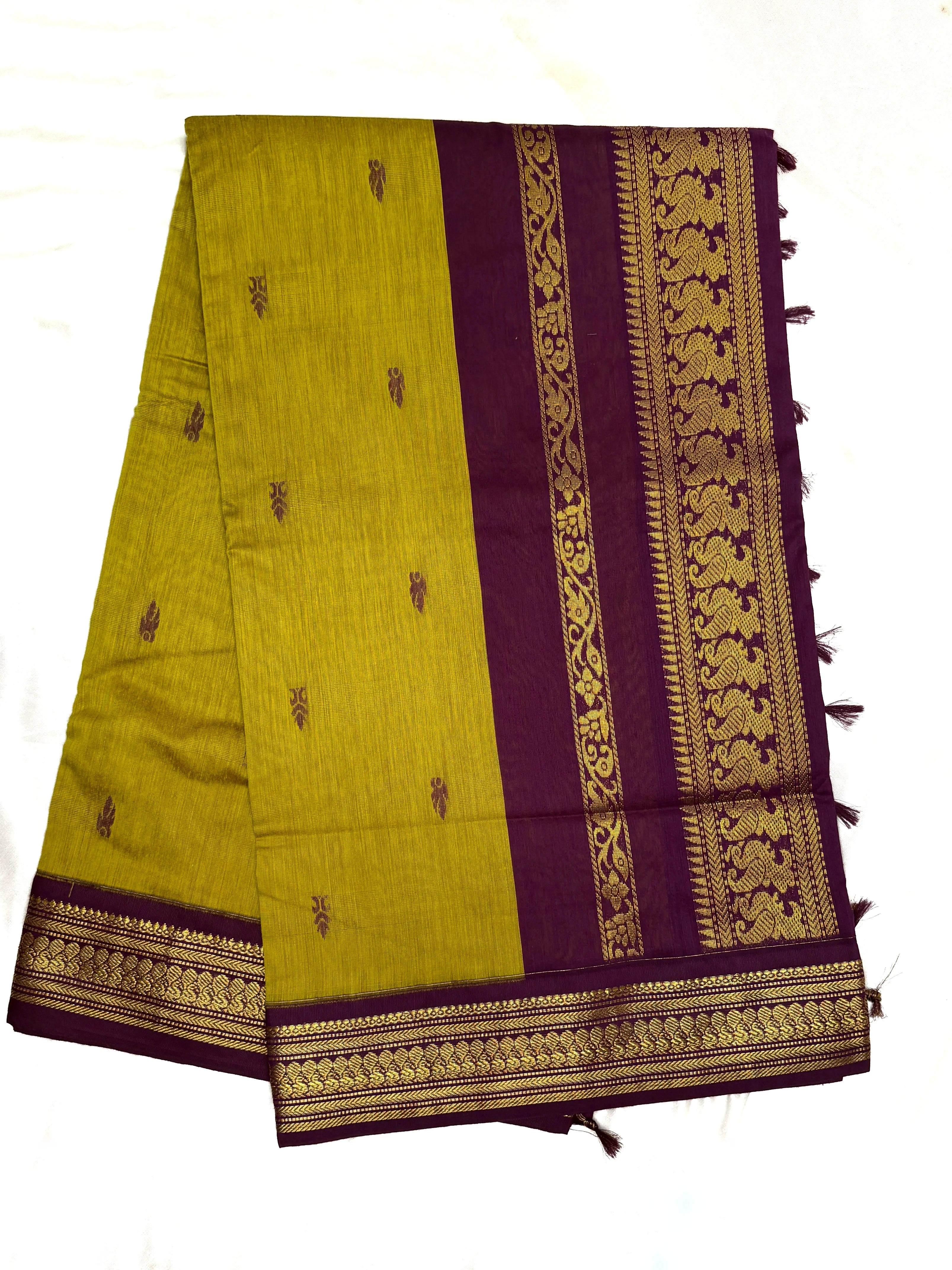 Leaf green Kalyani cotton saree with purple peacock zari border traditional South Indian cotton saree for daily wear and festive occasions