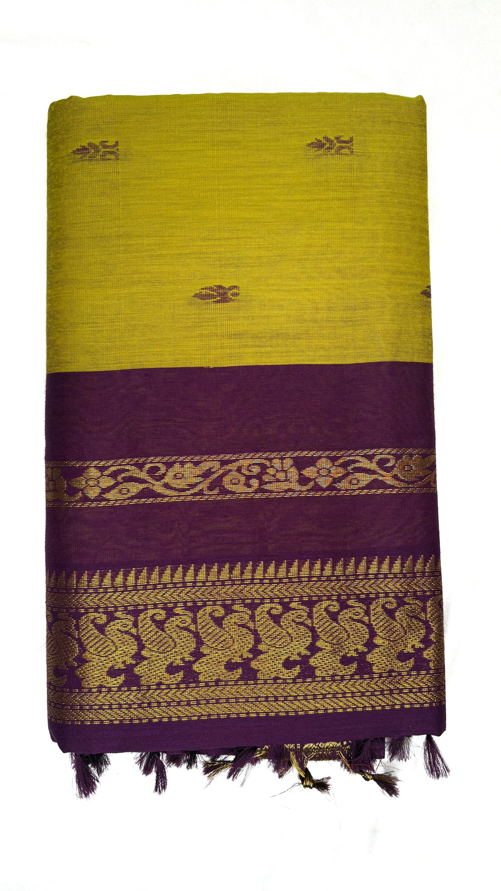 Yellow and purple towel with decorative patterns on a white background