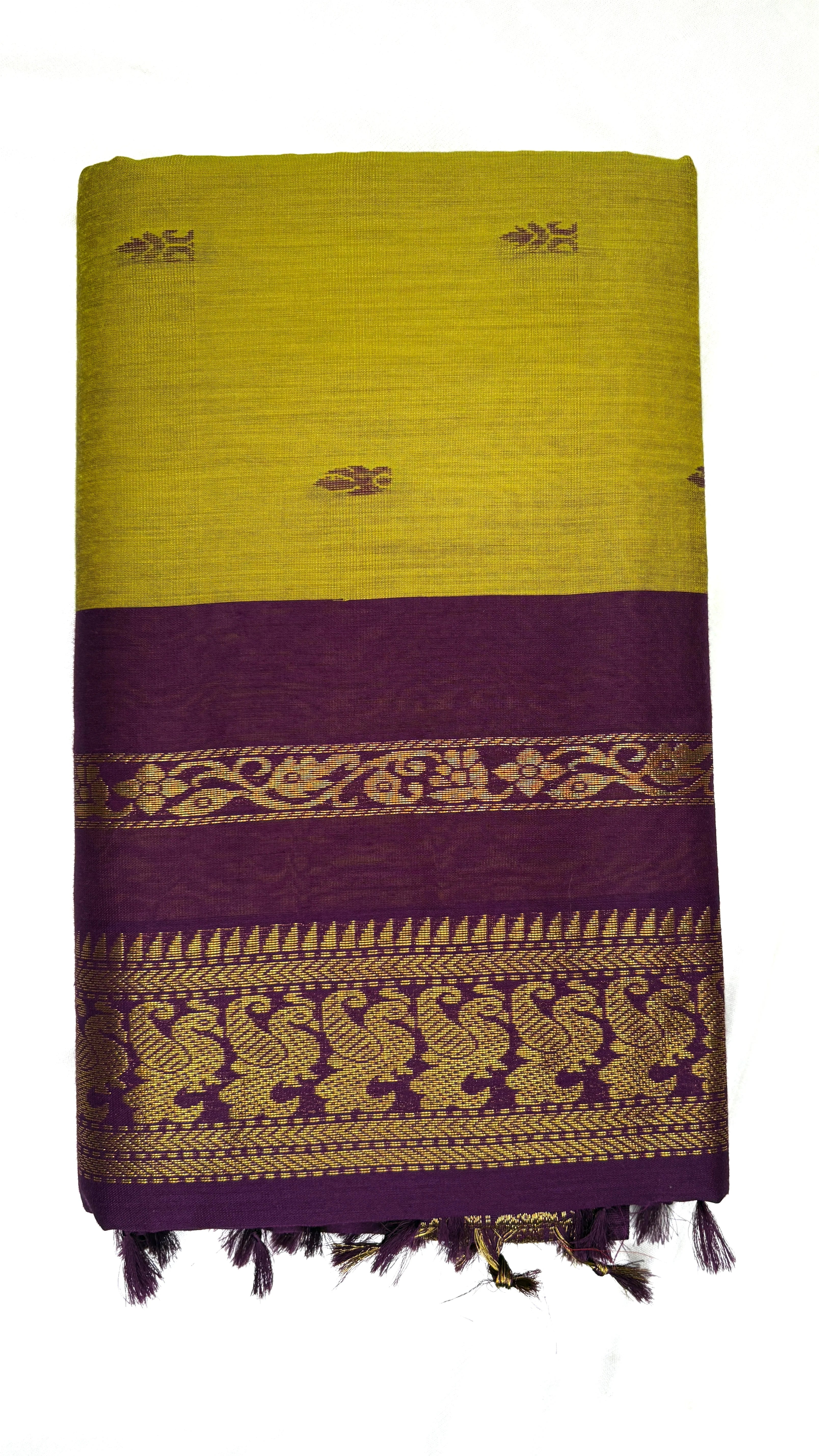 Yellow and purple towel with decorative patterns on a white background