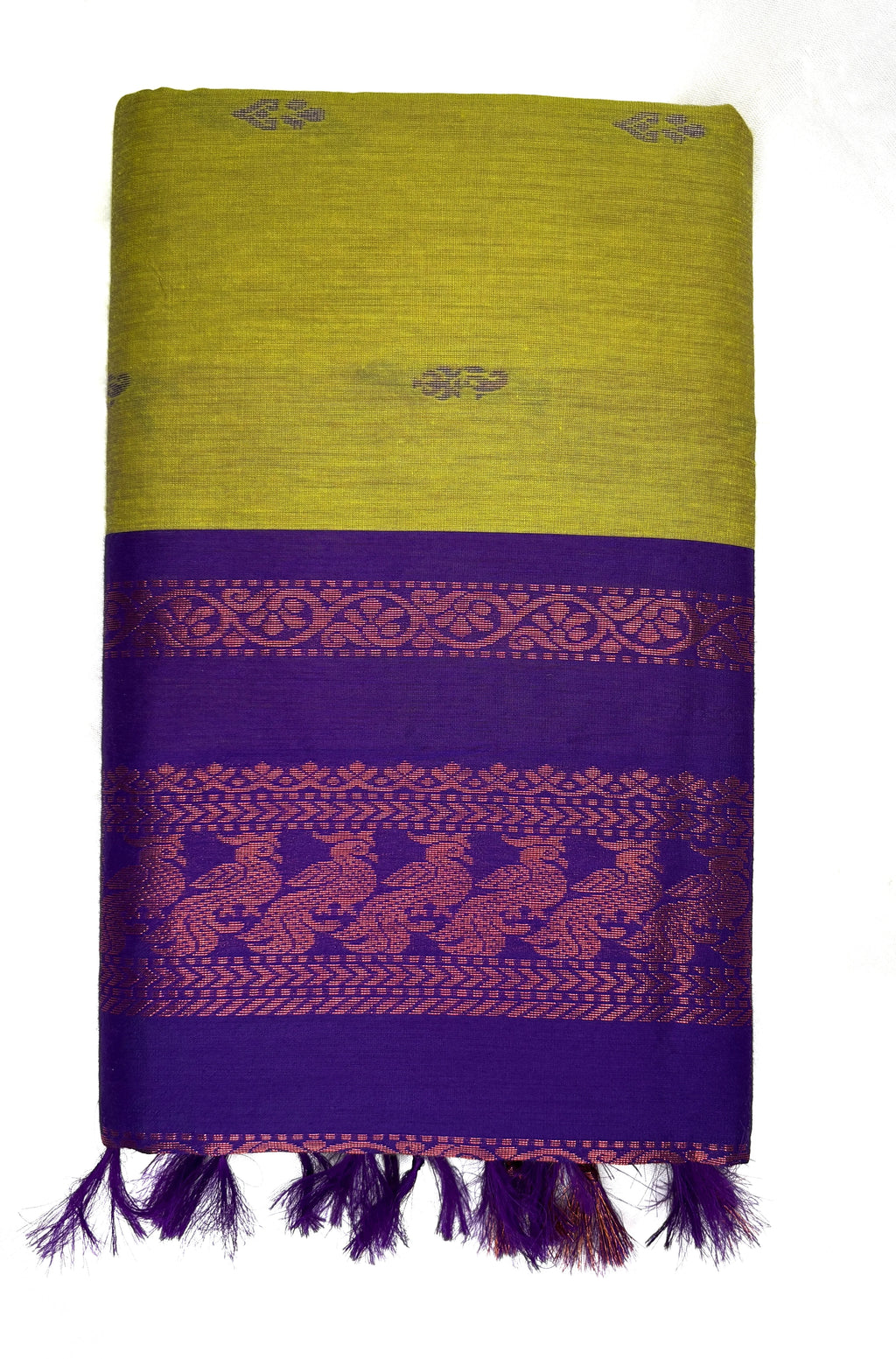 Purple and green fabric with intricate patterns on a white background