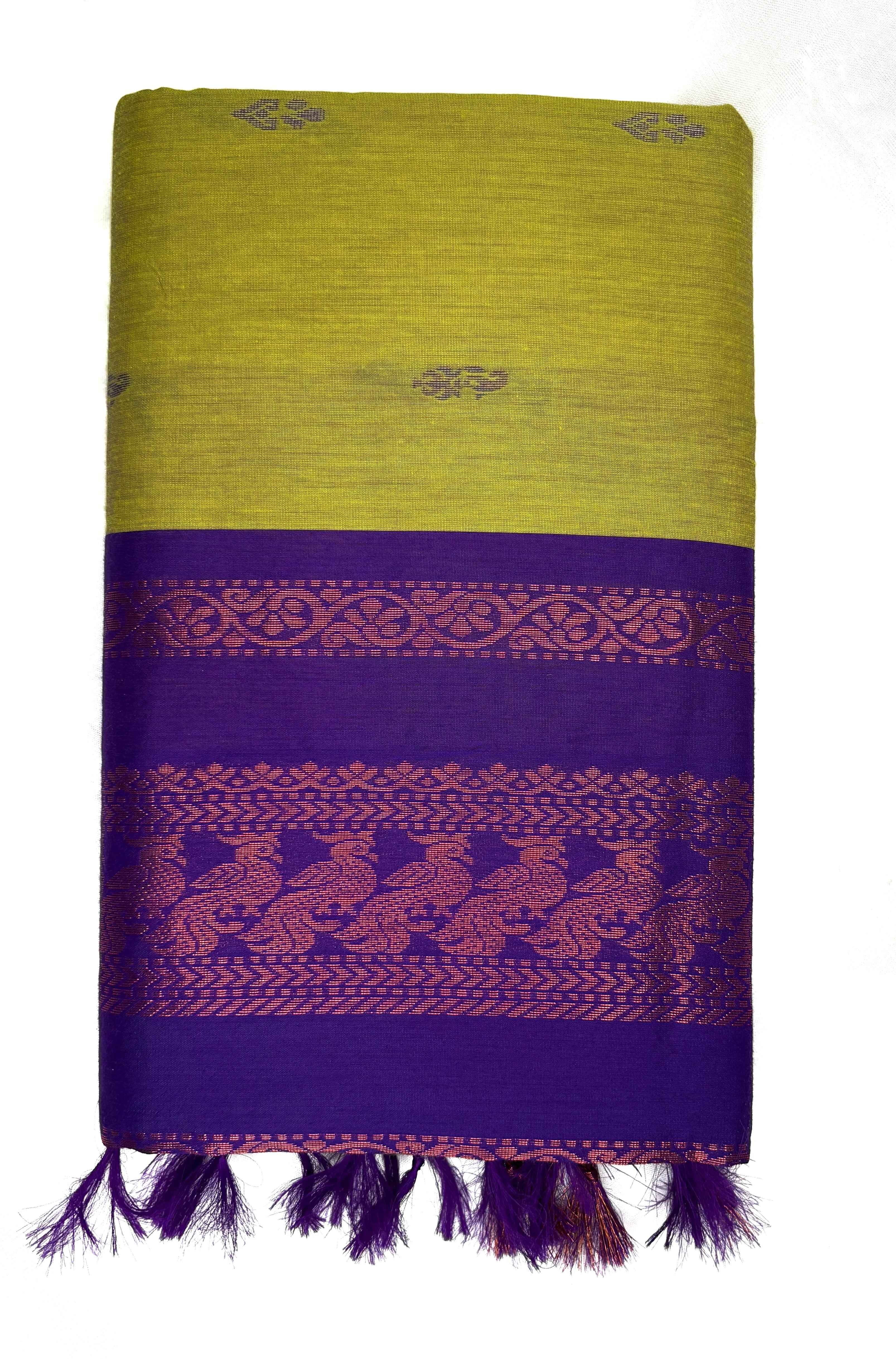 Purple and green fabric with intricate patterns on a white background