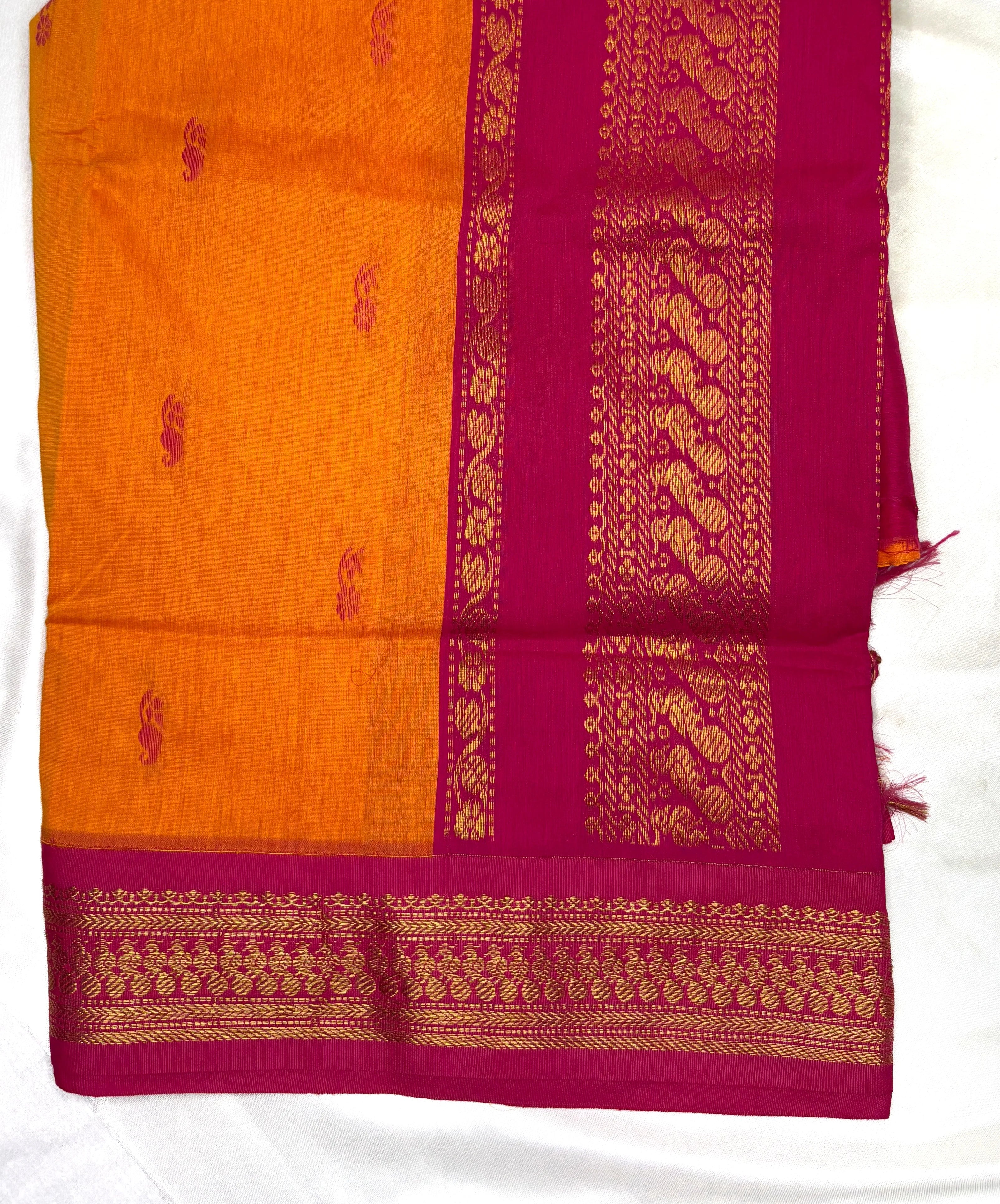 Mustard orange Kalyani cotton saree with pink peacock zari border traditional South Indian cotton saree for daily wear and festive occasions