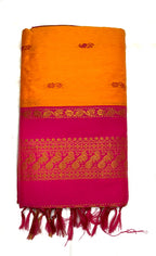 Saree with orange and pink pattern on a white background