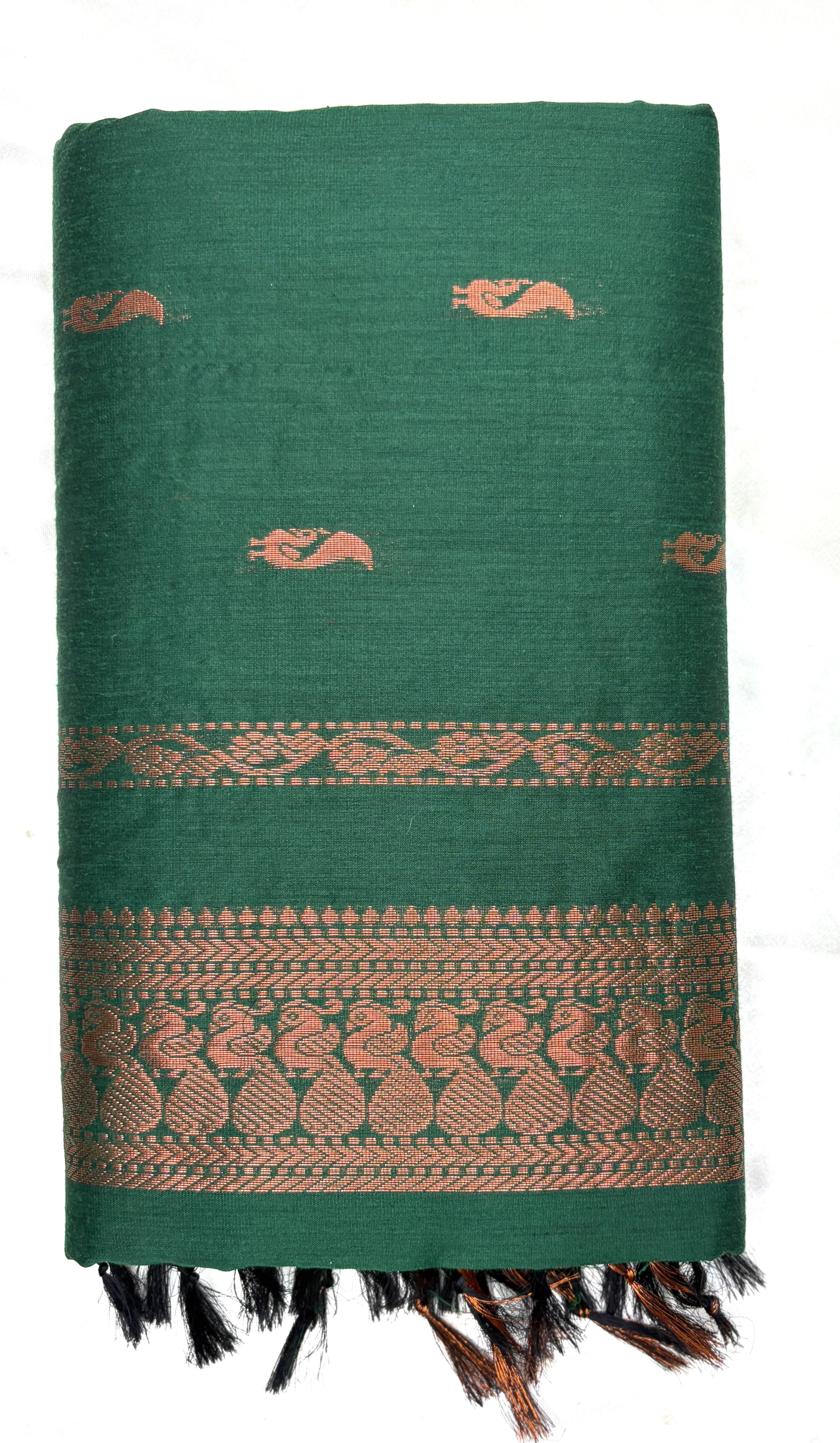 Green fabric with brown patterns and fringes on a white background