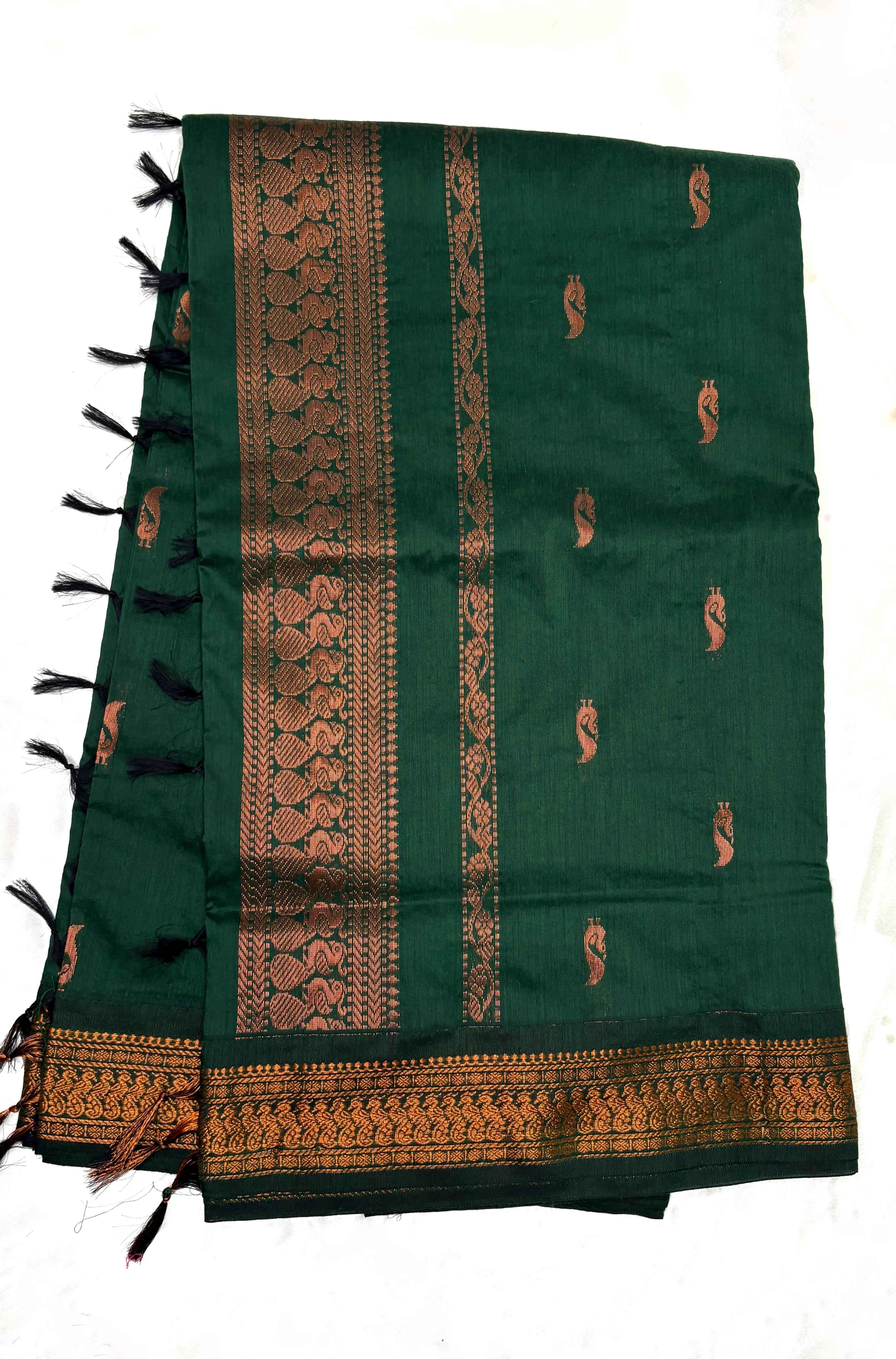 Bottle green Kalyani cotton saree with peacock zari border traditional South Indian cotton saree for daily wear and temple occasions