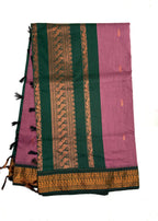 Mauve Kalyani cotton saree with green zari border traditional South Indian cotton saree for daily wear and temple occasions