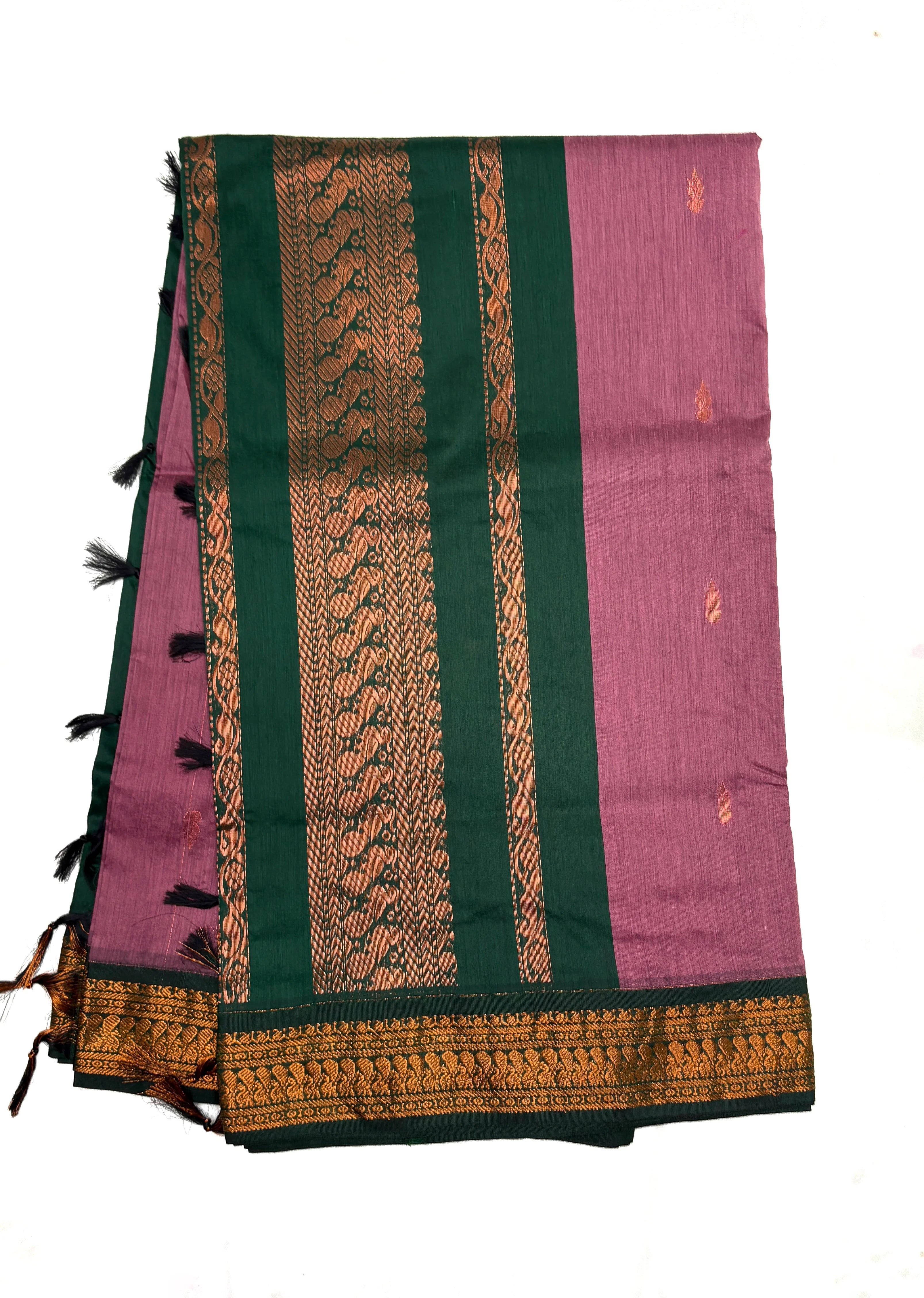 Mauve Kalyani cotton saree with green zari border traditional South Indian cotton saree for daily wear and temple occasions