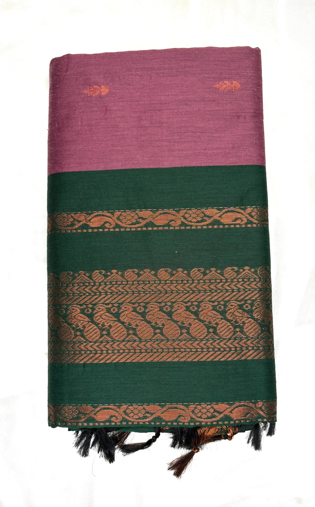 Woven fabric with purple and green stripes and decorative patterns on a white background