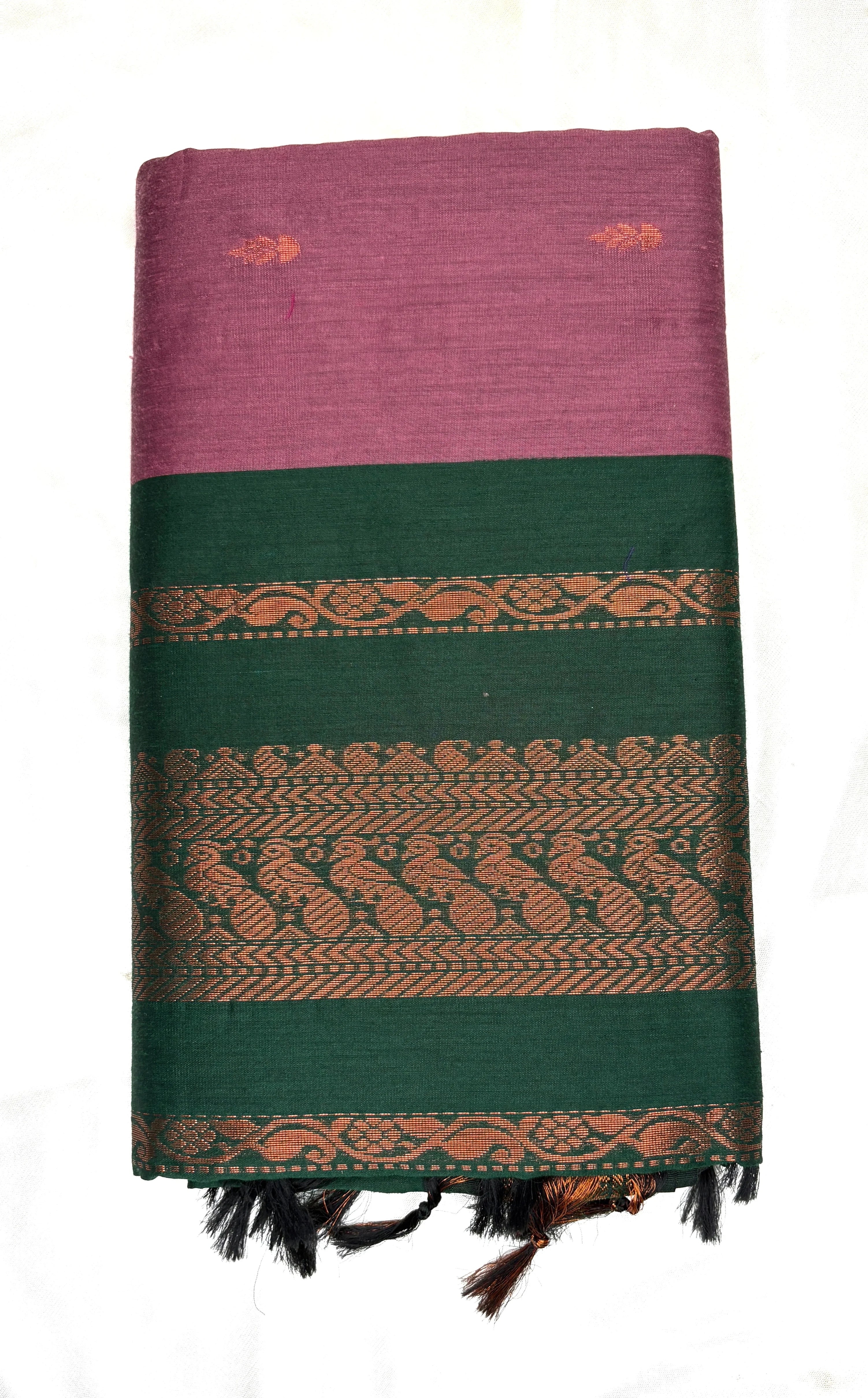 Woven fabric with purple and green stripes and decorative patterns on a white background